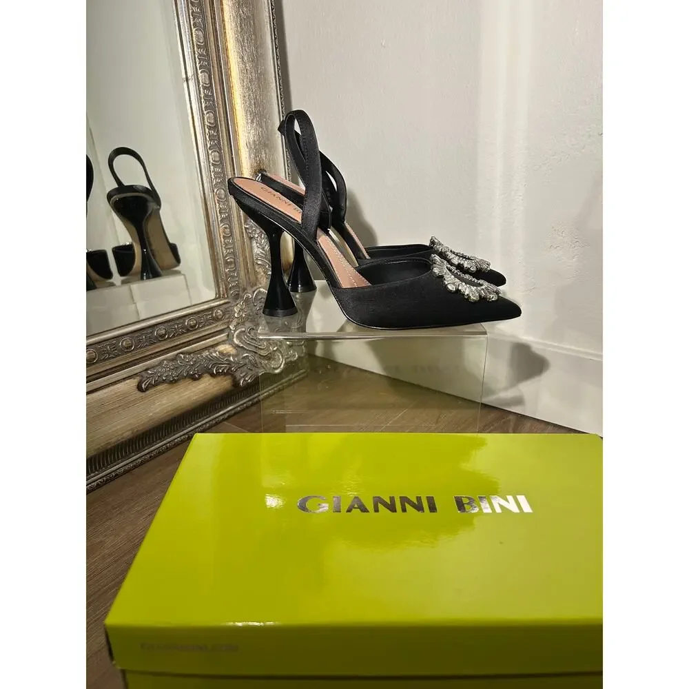 Black Satin Crystal Embellished Slingback Heels by Gianni Bini Size 7 $135